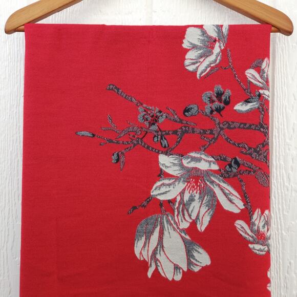 Saachi Scarf Wrap Shawl Red Gray Floral Botanical Reversible Fringe Artsy 75x25 - Picture 13 of 16